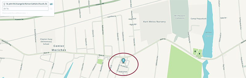 Waze map of how to get to St. John The Evangelist in Center Moriches, NY